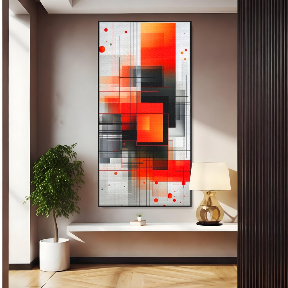 Tablou canvas cu tablou abstract vertical cu linii si forme rosii, in rama de aluminiu negru